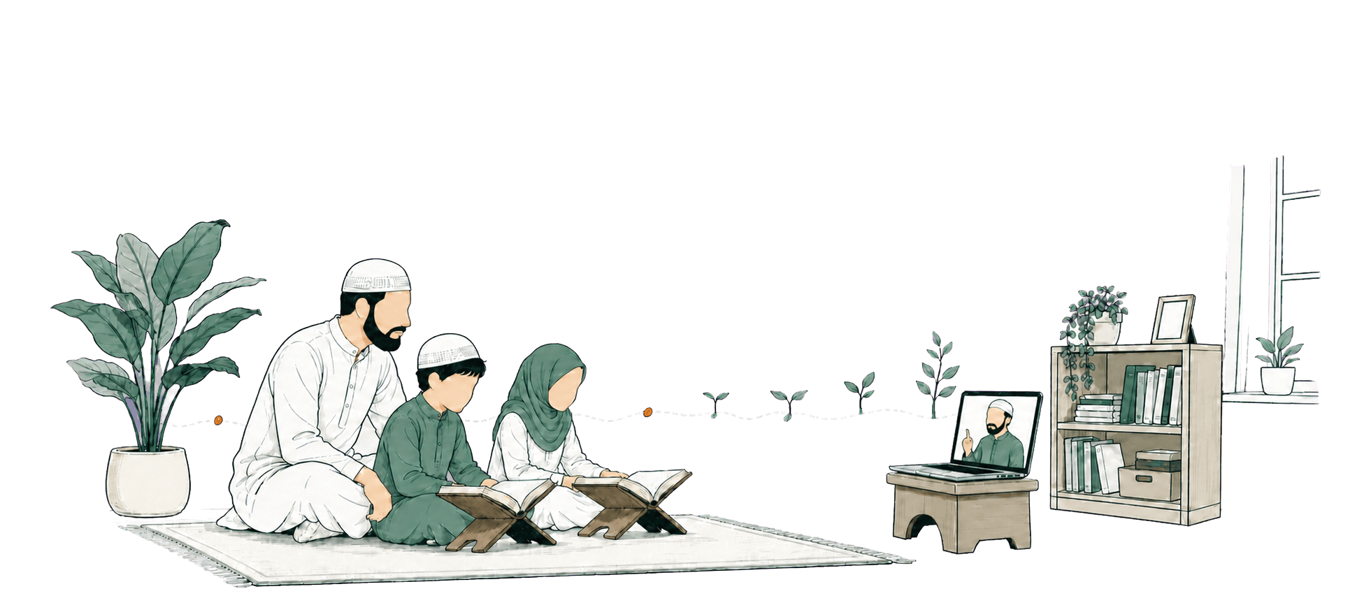 A parent and two children join a live online Quran lesson.